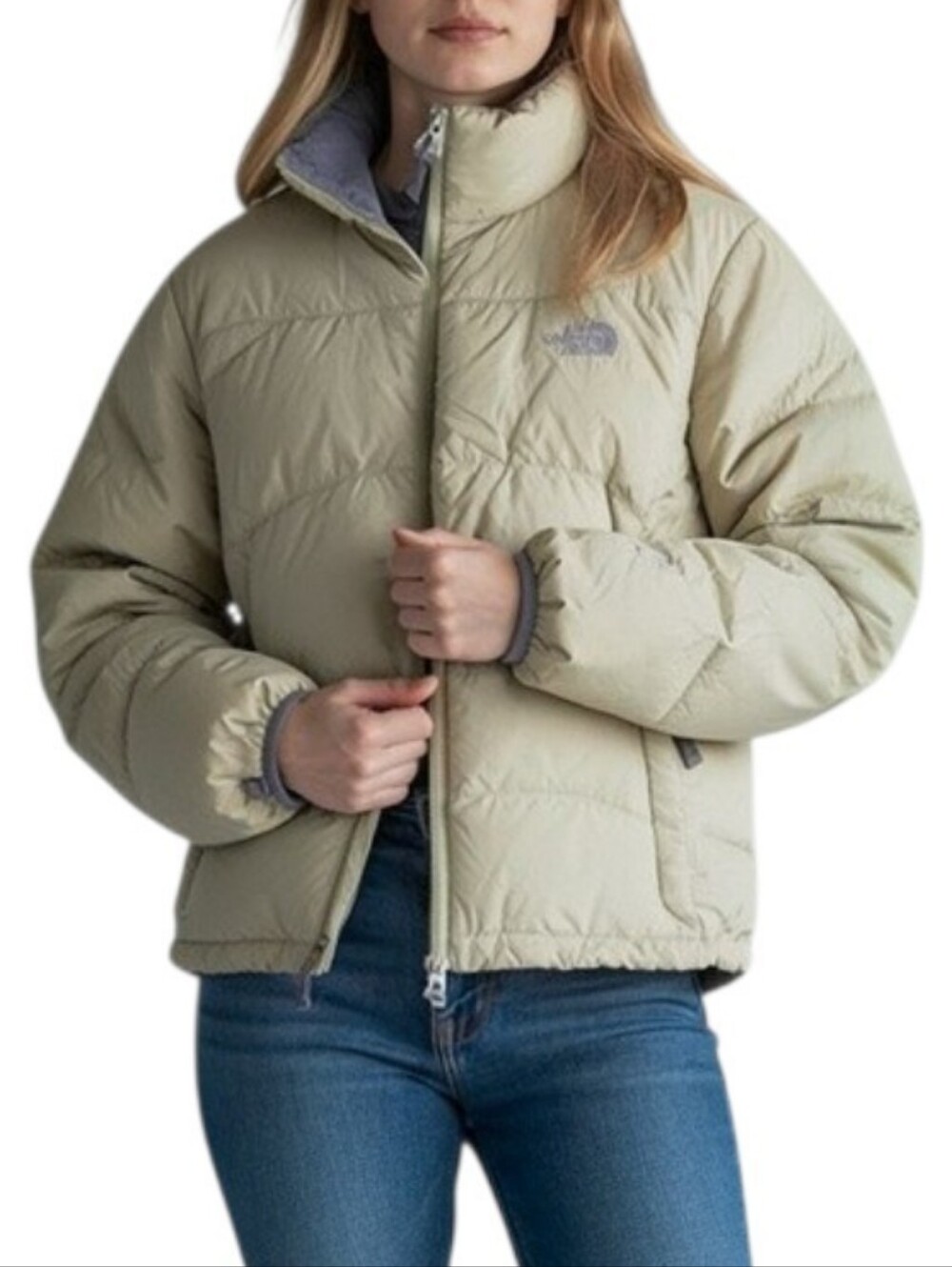 The North Face 550 Down Puffer Jacket Light Green Soft Fleece Stand Collar L